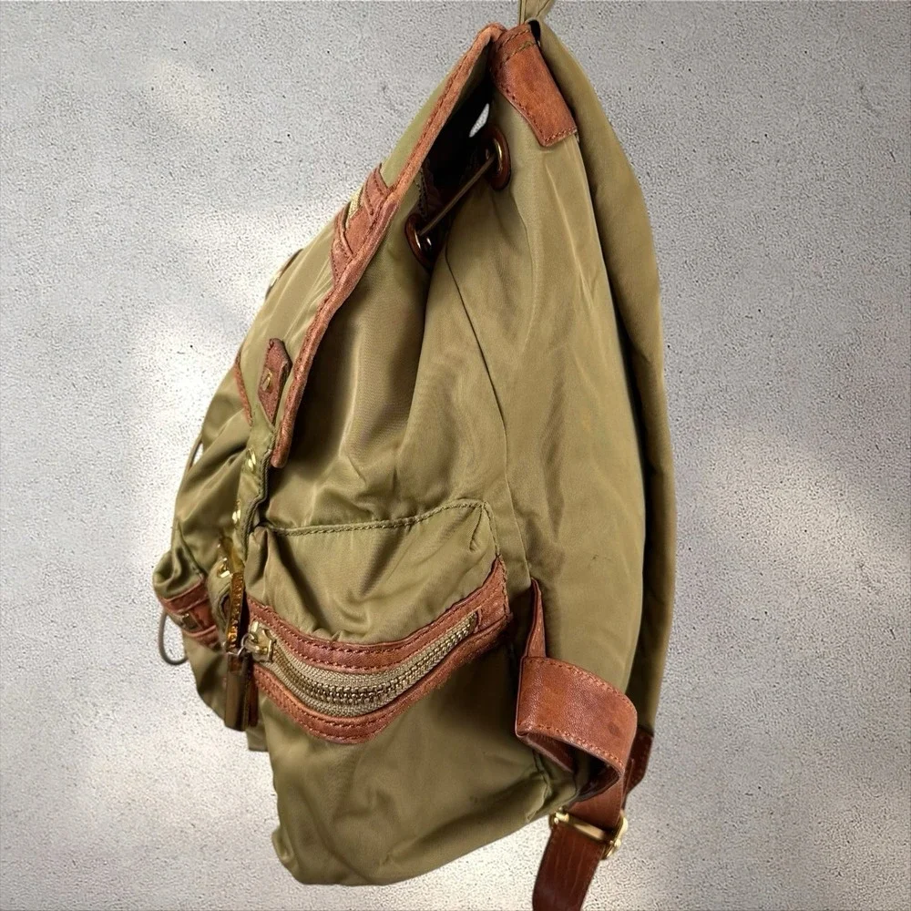 Tory Burch Green Nylon Leather Backpack Zippered Drawstring